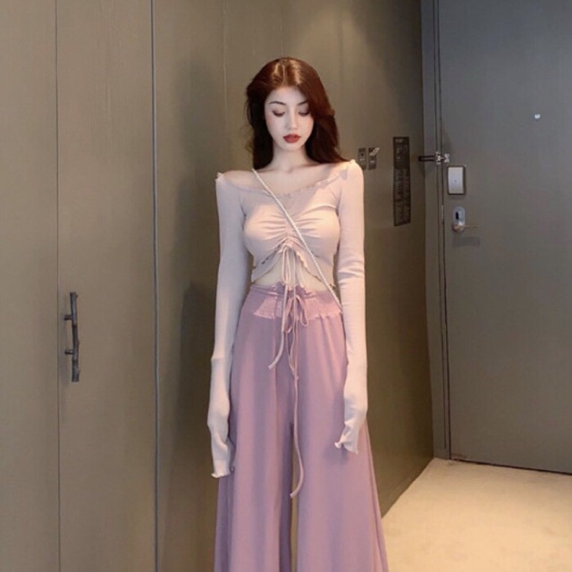 (s51) (ORDER) SET ÁO RÚT NGỰC + QUẦN ỐNG RỘNG BASE HỒNG