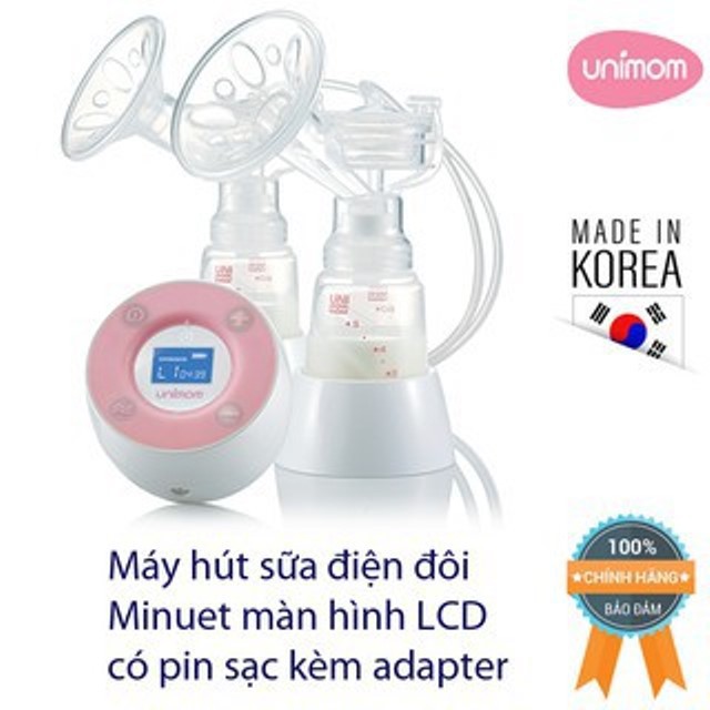 (Made in Korea) (BH 12 Tháng) Máy hút sữa điện đôi CÓ PIN SẠC Minuet LCD Unimom UM872019