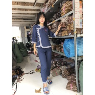 Tim phối đồ lam đi chùa nữ đồ bộ nữ chất liệu vải kate size 40-68kg