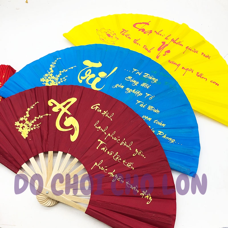 Quạt vải xếp chữ thư pháp quạt cầm tay bằng vải nan tre nhiều màu