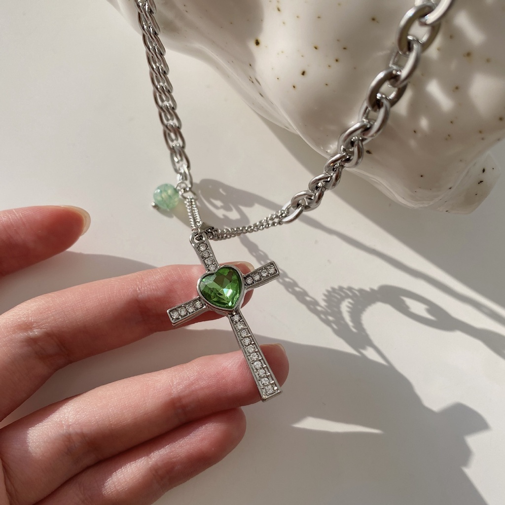 Vòng cổ Mặt Hình Thánh Giá Đính Đá Xanh Lá Thời Trang Cho Nữ