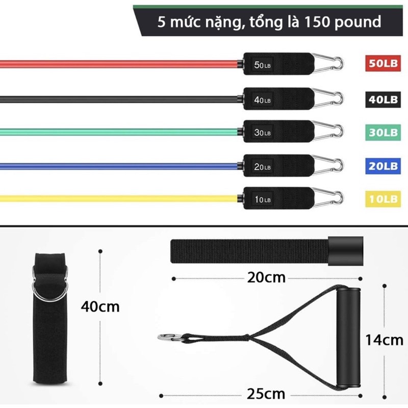 Bộ 5 dây kháng lực tập gym , 2 quấn cổ chân, 2 tay cầm kèm túi đựng Elite Sport