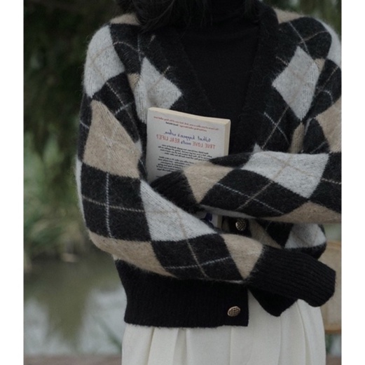 Áo cardigan khoác len quả trám WANAWEAR cadigan sweater đôi nam nữ họa tiết kẻ cổ điển vintage màu nâu đen