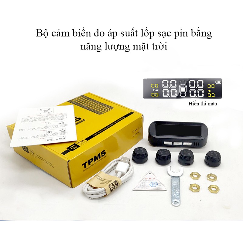 Bộ cảm biến đo áp suất lốp oto có màn hình LCD, sạc pin bằng năng lượng mặt trời - C1002