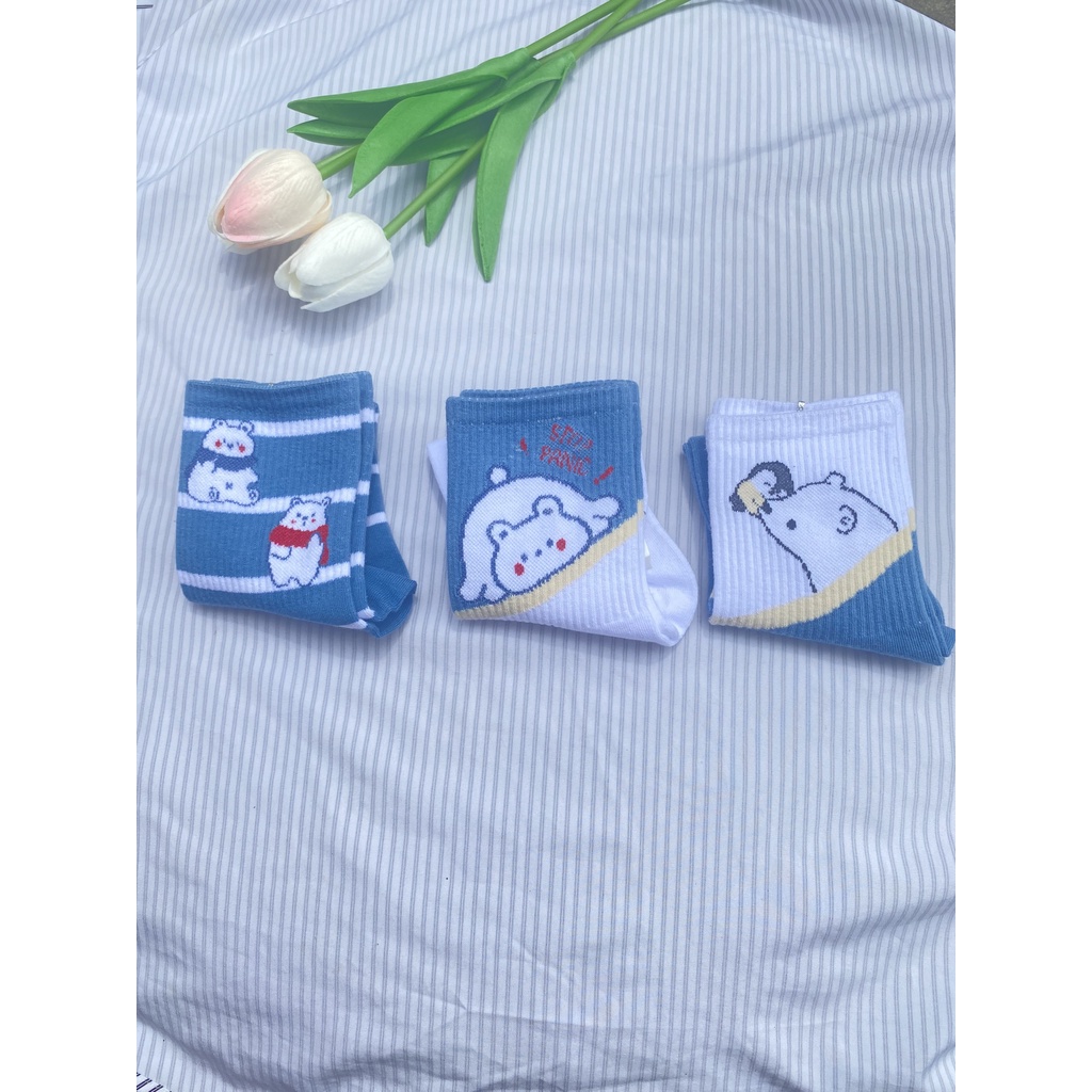 Tất trắng Muzini tất cổ cao tone xanh hoạt tiết gấu nhiều hình cute TN222