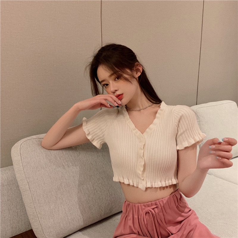 SUXI Mùa hè Mới Màu rắn dệt kim Áo thun nữ Áo phông cổ chữ V Áo ngắn gợi cảm