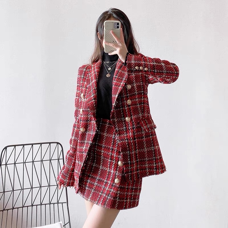 SET ÁO VEST DẠ ĐỎ KẺ VÀ CHÂN VÁY XUẤT DƯ 2021