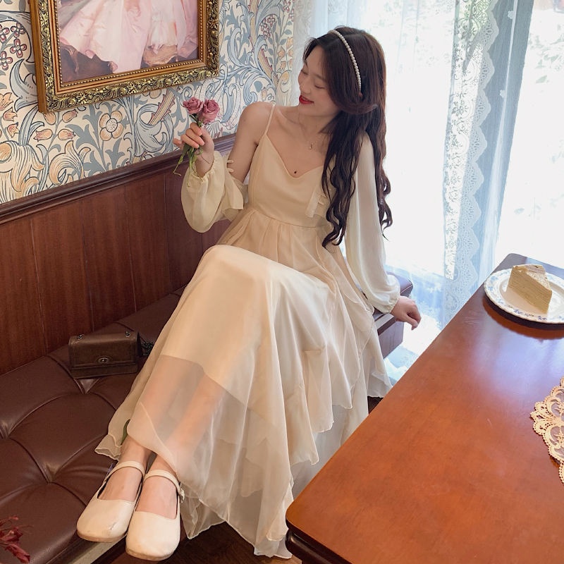 IELGY Áo cardigan dài tay cho nữ Váy Hai Dây Bộ  Váy có dây kiểu Pháp