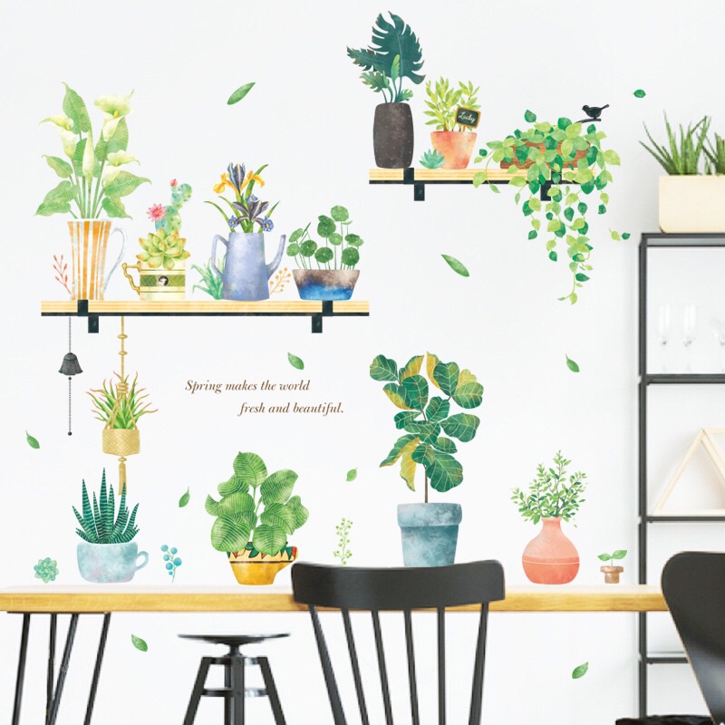 Decal dán tường chậu cây trên kệ,chất liệu cao cấp sẵn keo dán.