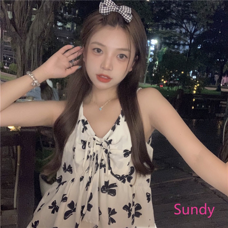 Plus Áo Sát Nách Cổ Chữ V Dáng Rộng Phối Dây Rút Đính Nơ Thời Trang Mùa Hè