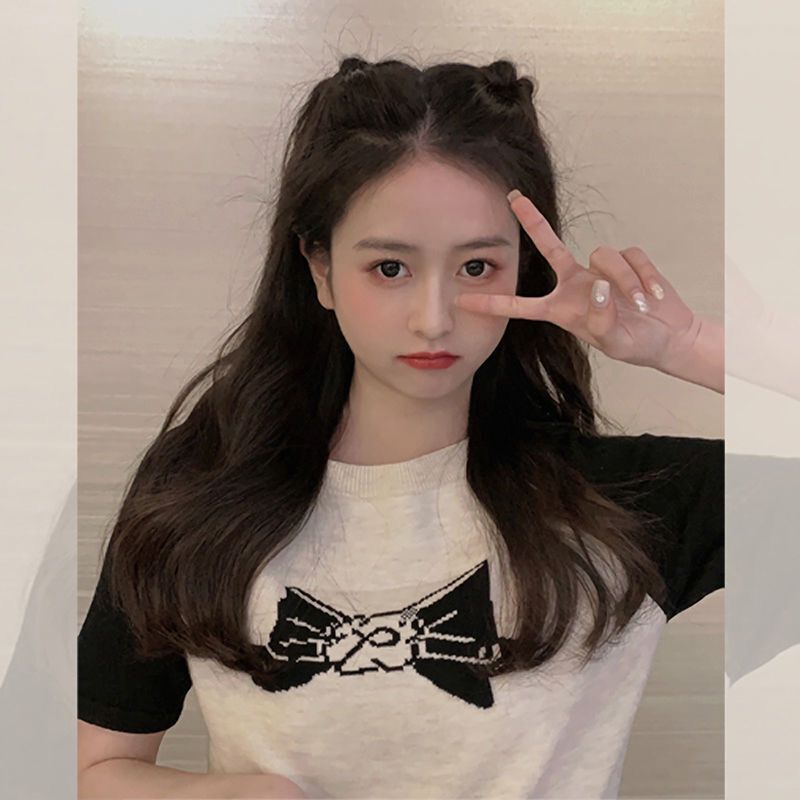 Áo Thun Dệt Kim Ngắn Tay Thắt Nơ Phong Cách Hàn Quốc Gợi Cảm Cho Nữ