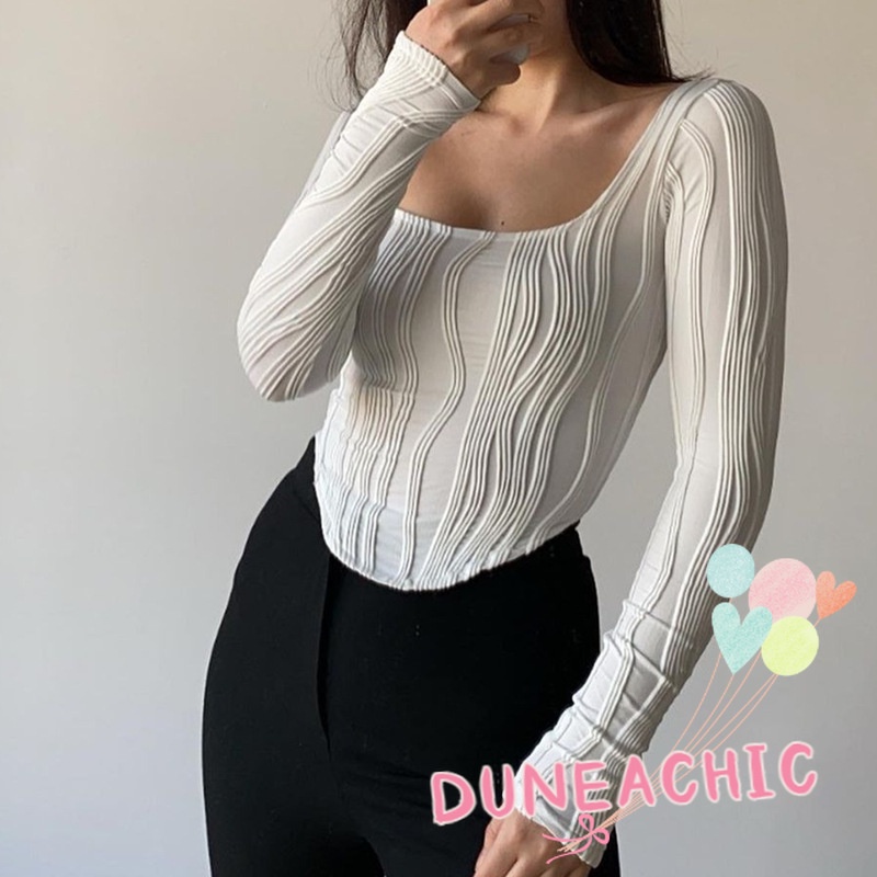 DUNEA Áo Sơ Mi Tay Dài Cổ Chữ U Xếp Ly Thời Trang Cho Nữ