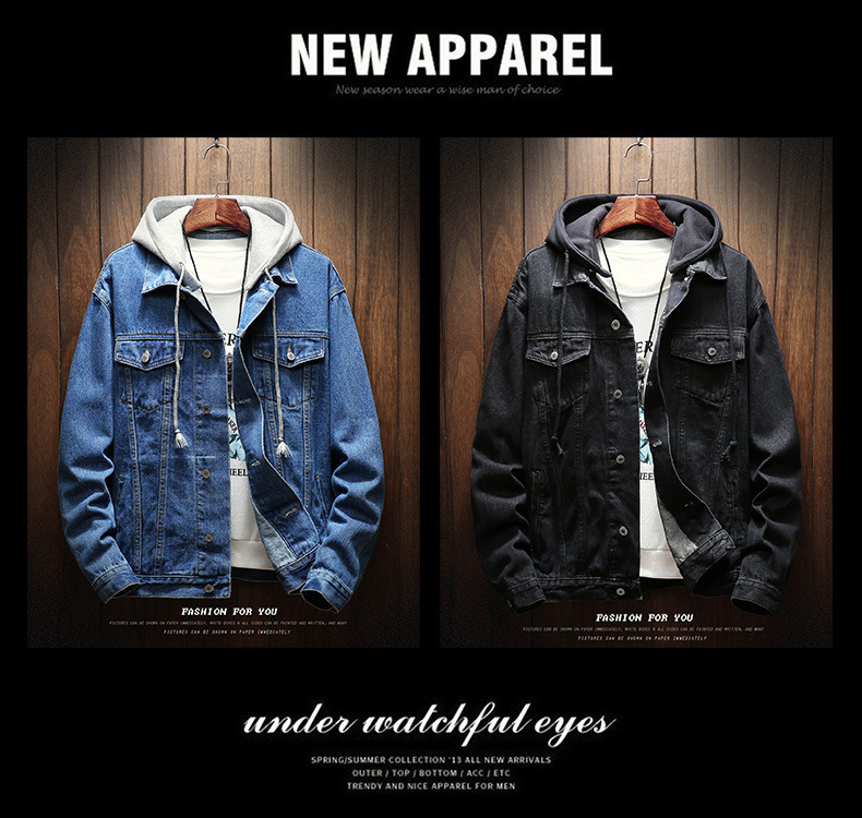 Áo Khoác Jean Có Mũ Trùm Đầu Tay Dài Dáng Rộng Thời Trang Xuân Thu Phong Cách Hàn Quốc Cho Nam