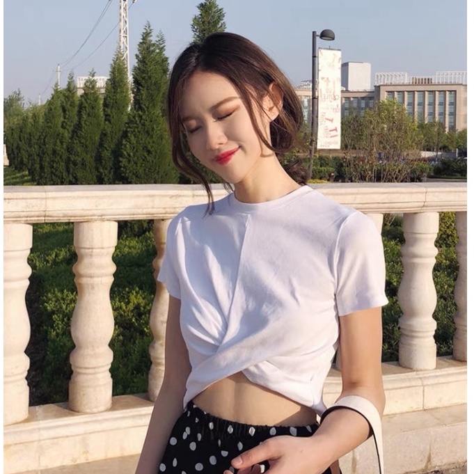 Áo thun croptop WANGJIAOZHAN tay ngắn dáng ôm màu trơn trẻ trung thời trang Hàn Quốc