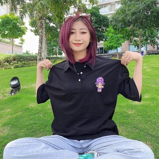 Áo thun POLO nữ tay lỡ có cổ phông form rộng freesize unisex mặc đi học, cặp, nhóm, lớp CÔ GÁI TÓC TÍM