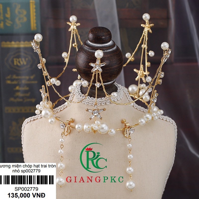 Vương miện cô dâu chóp hạt trai tròn nhỏ kèm bông tai