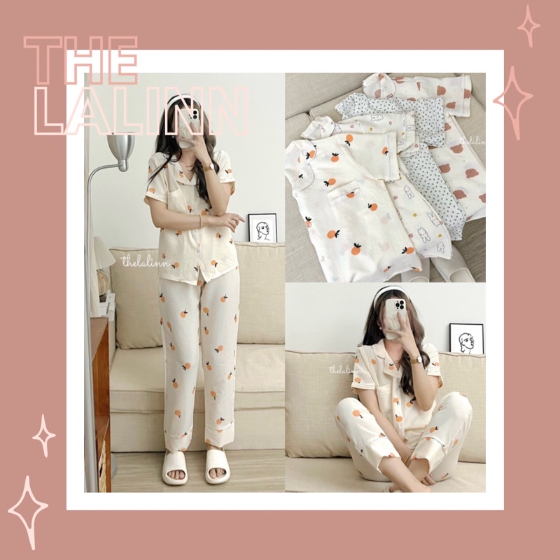 [ ẢNH THẬT ] Set pijama cổ bẻ tay cộc quần dài hoạ tiết xinh . Bộ ngủ nữ pyjama hoạt hình dễ thương