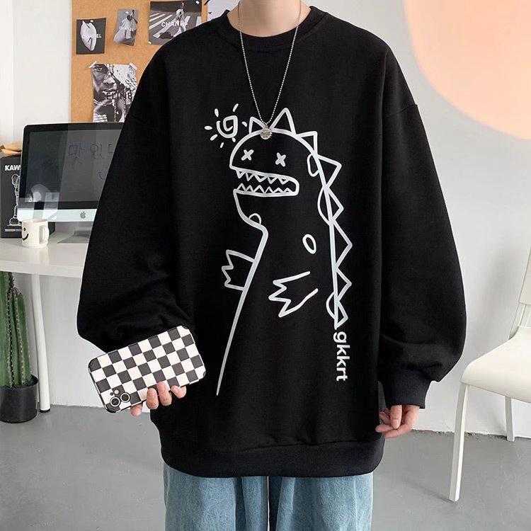 Áo thun tay dài cổ tròn in hình khủng long hoạt hình thời trang phong cách unisex