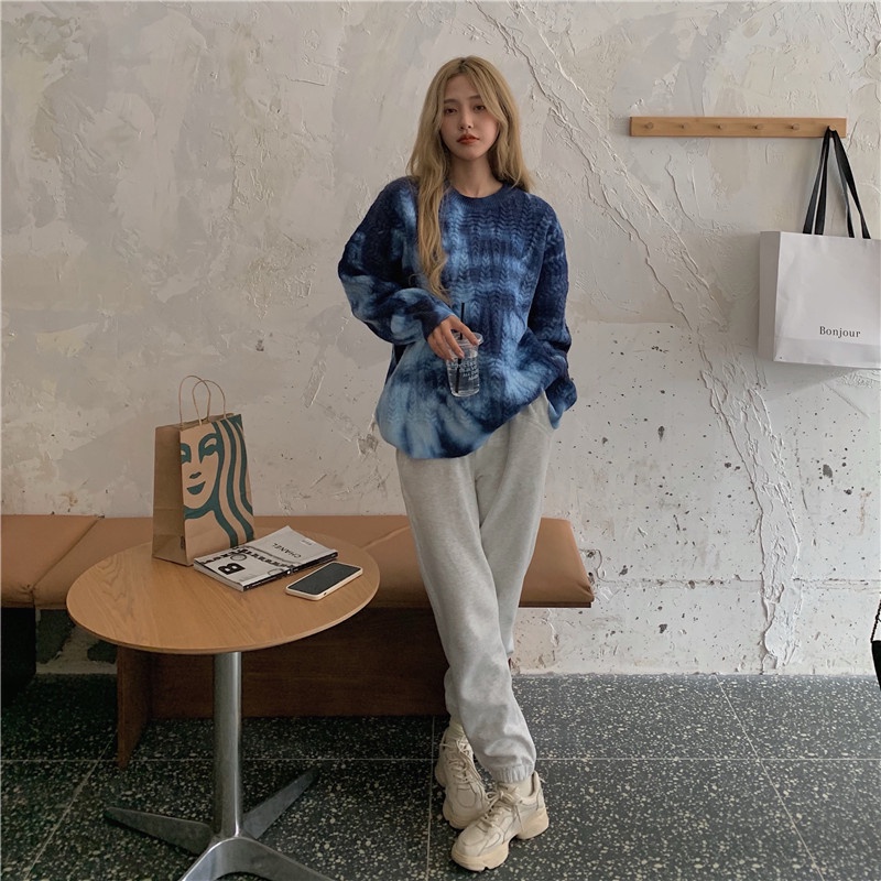 ZHELIHANGFEI Áo Sweater Dệt Kim Dáng Rộng Phối Màu Nhuộm Kiểu Retro Thời Trang