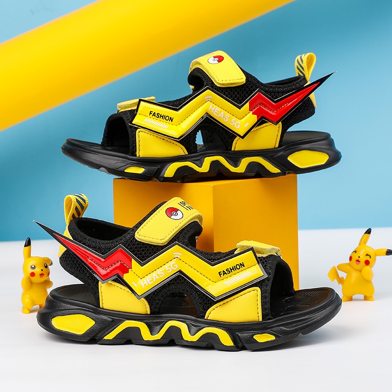 Pikachu Pattern Kids Sandals 2022 Summer Outdoor Boys Beach Shoes Convenient Velcro Design Children Flat Sports Sandals