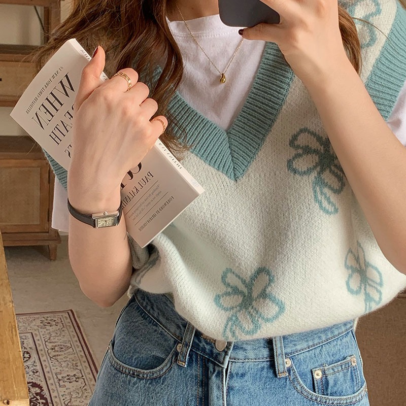 Áo Sweater Không Tay Cổ Chữ V Họa Tiết Hoa Xinh Xắn Cho Nữ | BigBuy360 - bigbuy360.vn