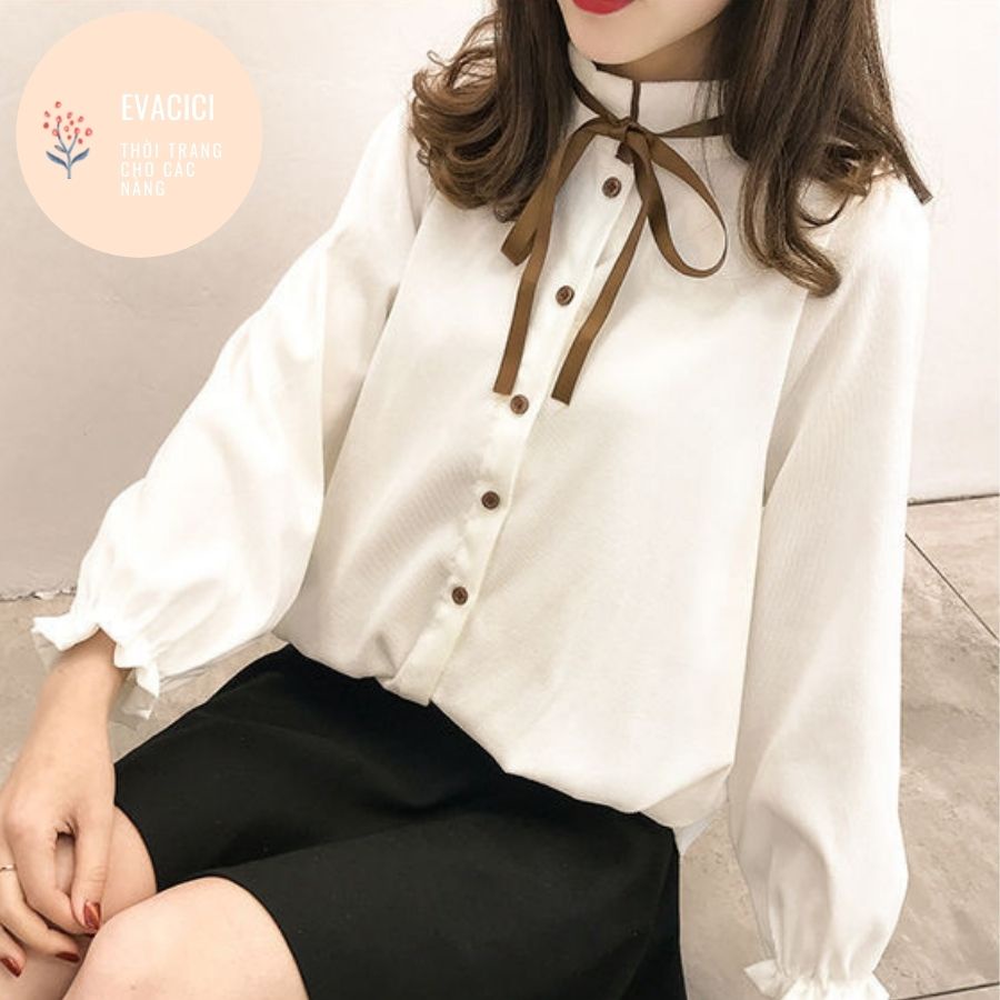 {Evacici}Sơ mi len tăm dài tay cổ tàu kèm nơ cổ điệu pha bèo chất đẹp.