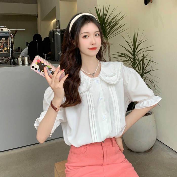 【ZHELIHANGFEI】Áo Sơ Mi Tay Ngắn Cổ Búp Bê Đính Tai Thỏ Kiểu Nhật Bản Dễ Phối Đồ