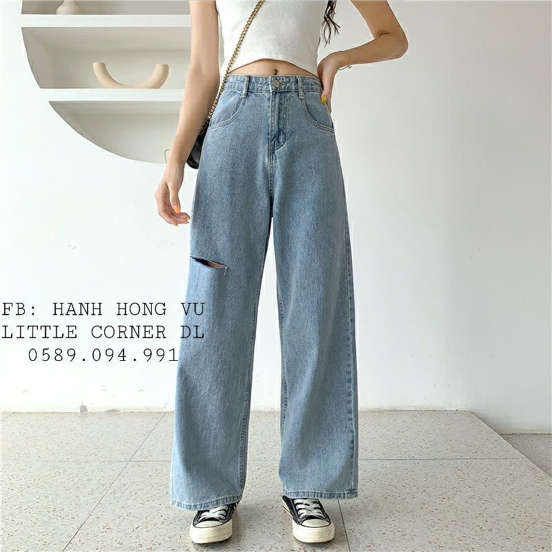 Quần cullotes baggy jeans ống suông vừa 18cm rách ngang gối lưng cao form ulzzang kèm ảnh thật