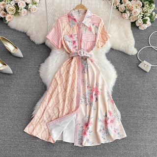 #1256 [Order] Đầm tay ngắn màu hồng họa tiết phong cách retro đủ size