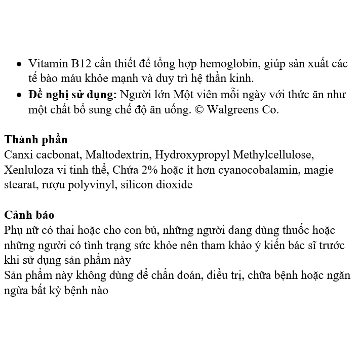 HŨ Vitamin B12 1000mcg Walgreens Tablets SET TÁCH LẺ 20 VIÊN