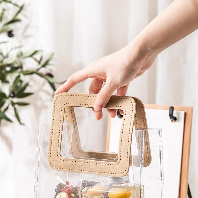 [Quai Nâu - Nhựa Siêu Dày] Túi Nhựa Trong Suốt Dé Store Có Quai Cầm Bằng Da Phong Cách Hàn Quốc