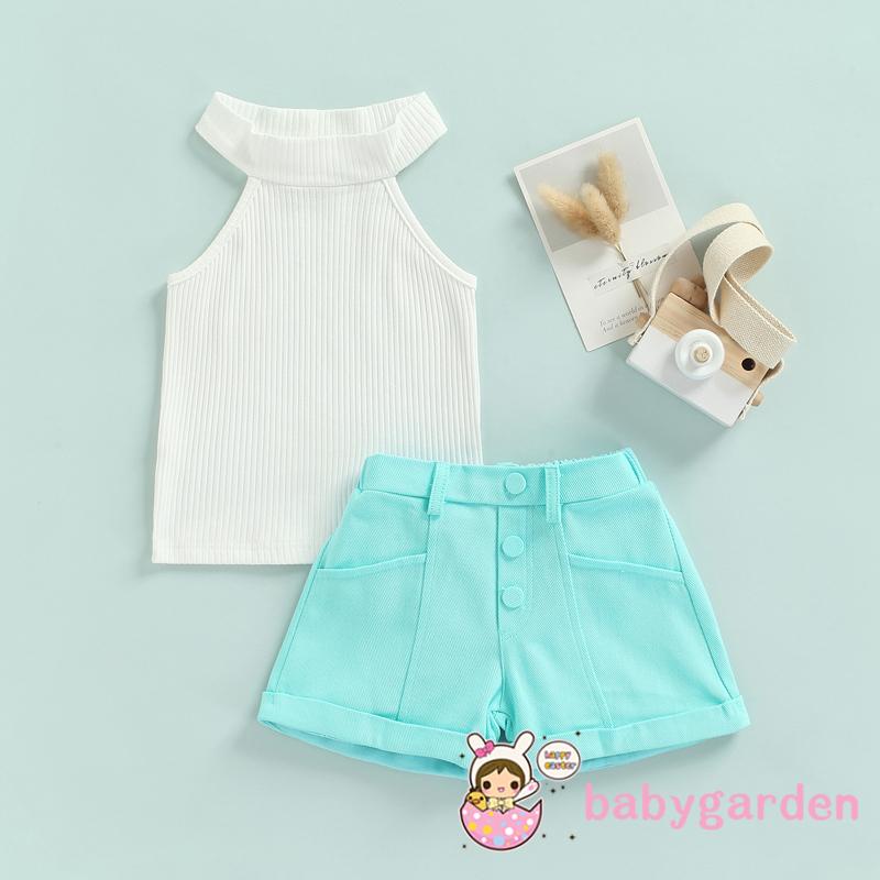 Set Áo Cổ Cao Không Tay + Quần Short Thời Trang Cho Bé Gái 2-7 Tuổi