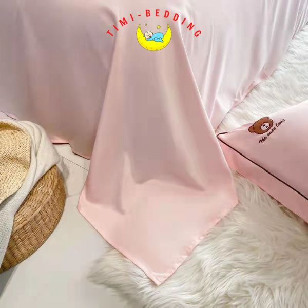 Bộ chăn ga gối lụa thêu gấu teddy bear cao cấp, nhập khẩu – Set ga gối lụa 4 món – Timibedding