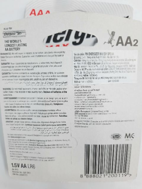 Vỉ 2 viên pin tiểu AA- đũa AAA energizer chính hãng-pin điều khiển.