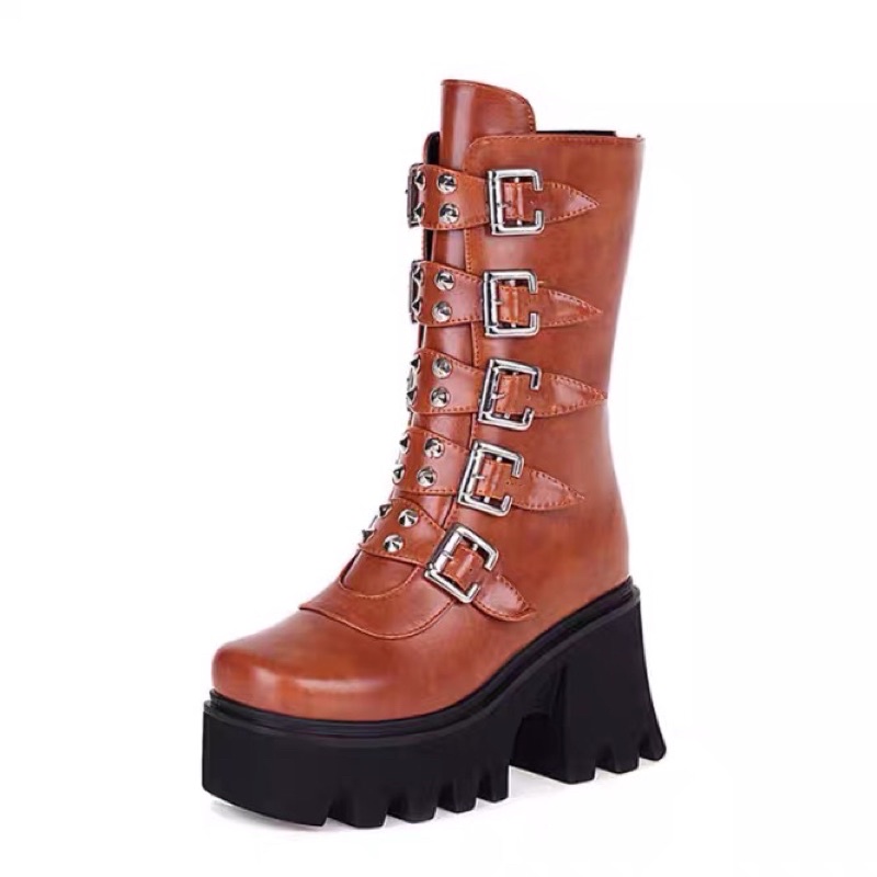 Giày boot nam nữ cao cổ phối khóa gài đinh tán đế cao phong cách motocycle Gothic Punk FOOTMADE