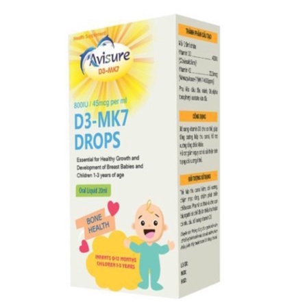 AVISURE D3-MK7 – Canxi D3 nhỏ giọt cho trẻ sơ sinh giúp tăng cường hấp thu canxi, giảm còi xương ở trẻ (20 ml)