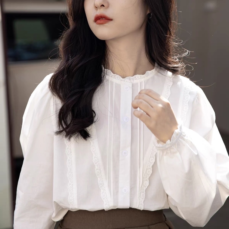 Áo sơ mi cổ trụ phối ren 904