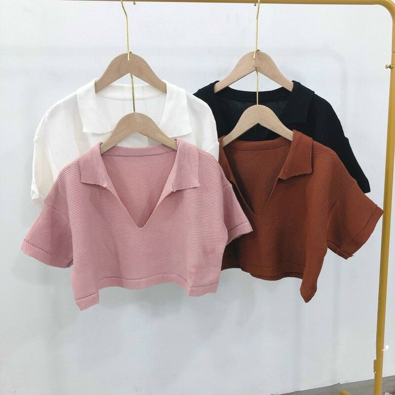 [ Hàng Cao Cấp ] Áo croptop polo nữ ngắn tay cổ V bẻ khoét điệu đà FUHO Fashion thời trang Hàn Quốc mặc đi chơi 058