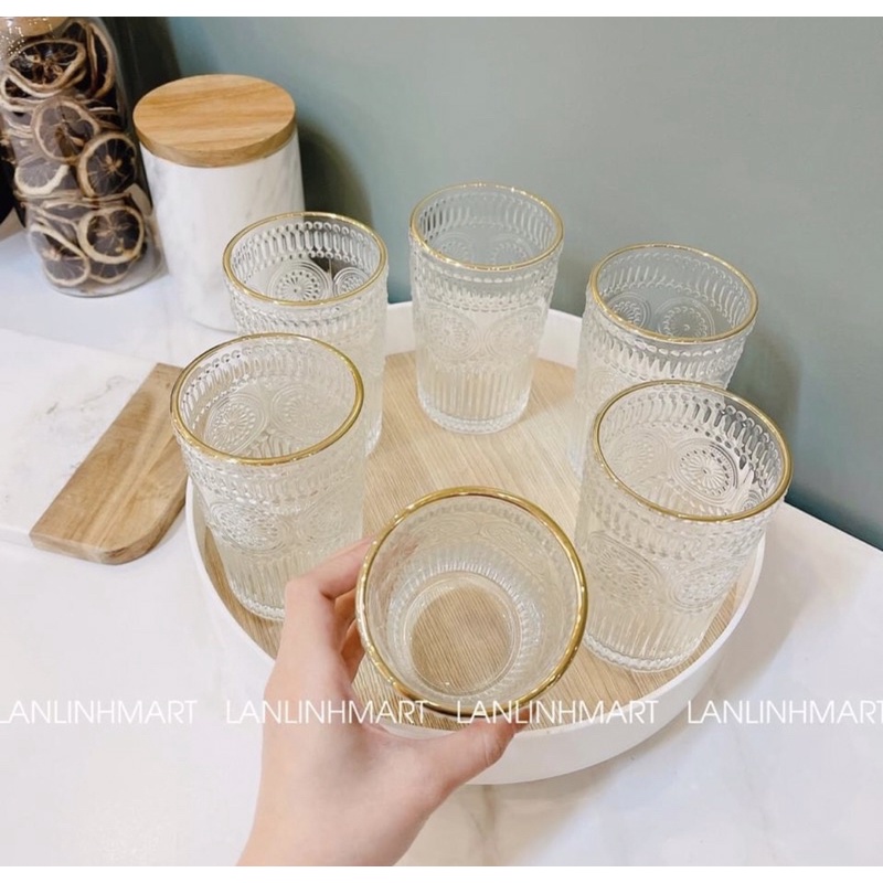 Bộ cốc thuỷ tinh delisoga vintage viền vàng