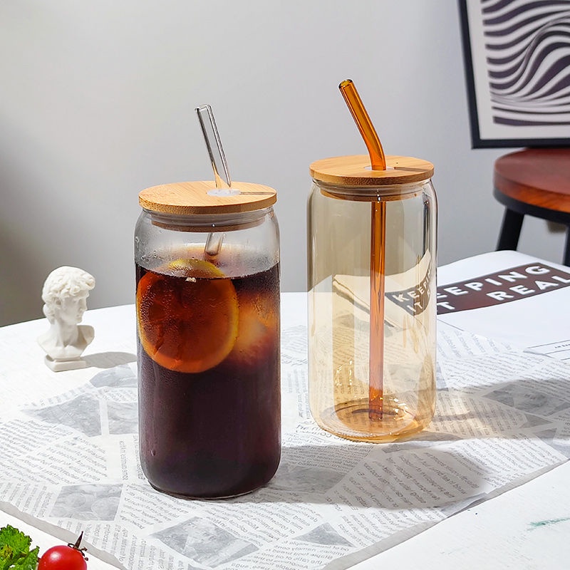 Cốc Thủy Tinh Uống Nước Trong Suốt Dung Tích Lớn 500ml Có Nắp Đậy Tiện Dụng