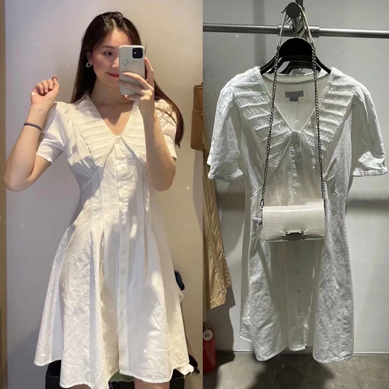 Đầm Trắng Cổ Chữ V Tay Phồng Thời Trang Xuân Hè Kiểu Pháp Mới Cho Nữ