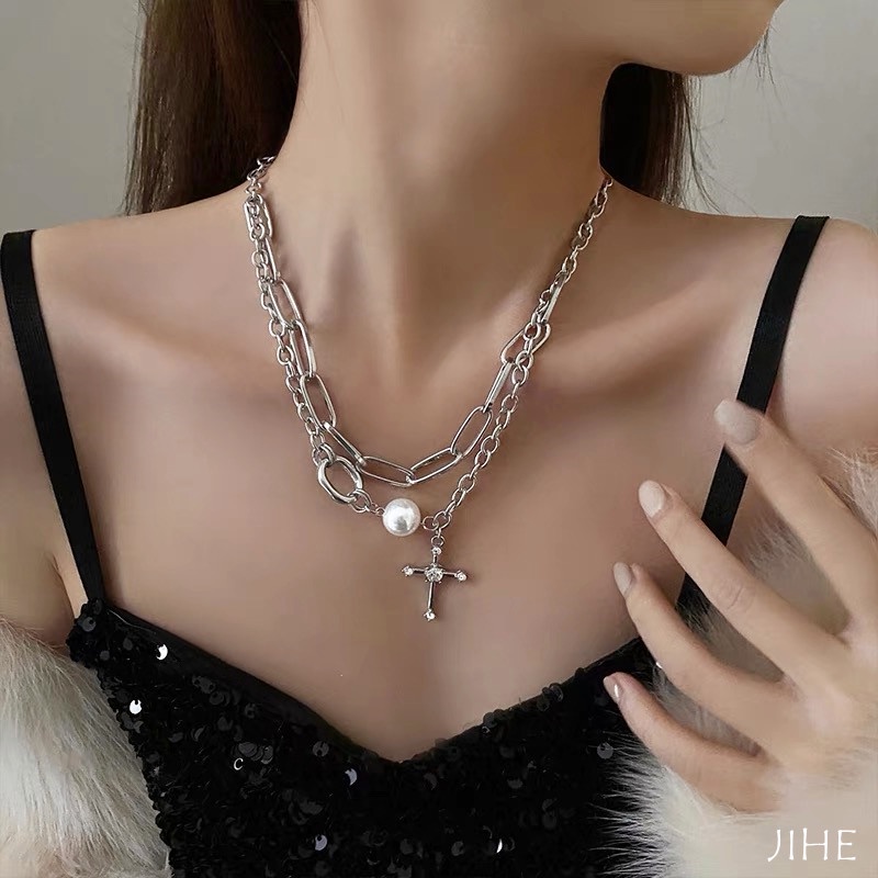 Vòng cổ Hai Lớp Mặt Thánh Giá Phong Cách Hip Hop Thời Trang unisex