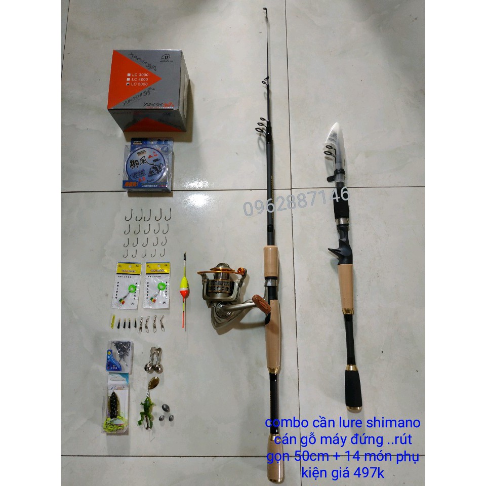 combo bộ cần lure rút gọn 50cm+máy kim loại+14 phụ kiện món như hình