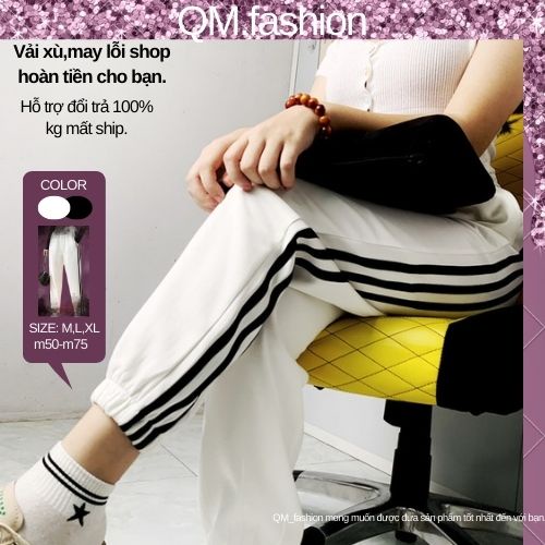 Quần joggre, Qần ba sọc thể thao nam nữ, quần baggy nữ ống rộng lưng thun, 3 sọc bo ôm gấu QM.fashion,quần dài cạp cao