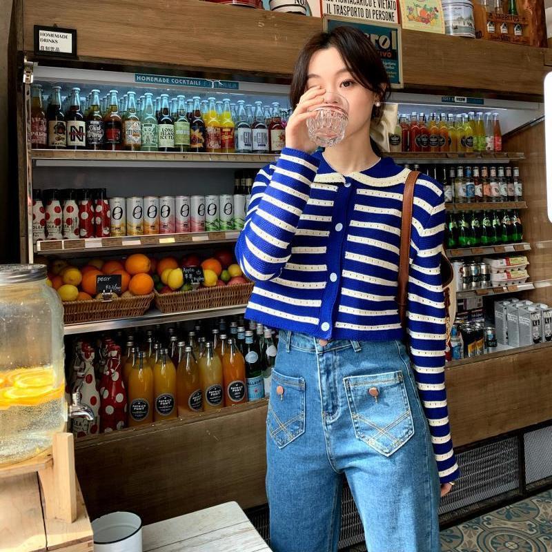Áo Khoác Cardigan Dệt Kim Hoạ Tiết Kẻ Sọc Trắng Xanh Thiết Kế Khoét Lỗ Thanh Lịch  tao bao