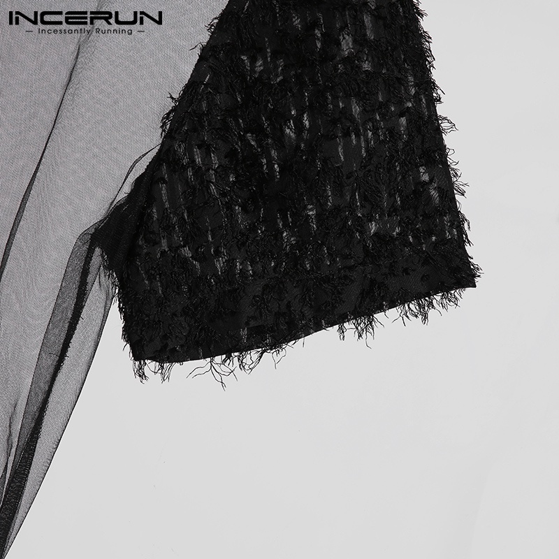 Áo thun INCERUN lưới xuyên thấu ngắn tay phối tua rua gợi cảm cho nam