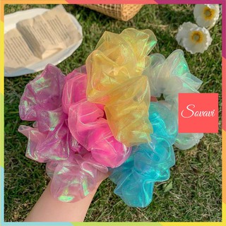 Dây buộc tóc vải scrunchies cầu vồng óng ánh T024