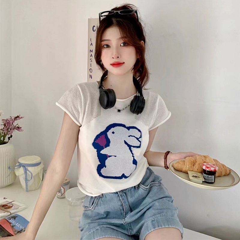 Áo thun ZHELIHANGFEI dệt kim ngắn tay thêu họa tiết xinh xắn thời trang