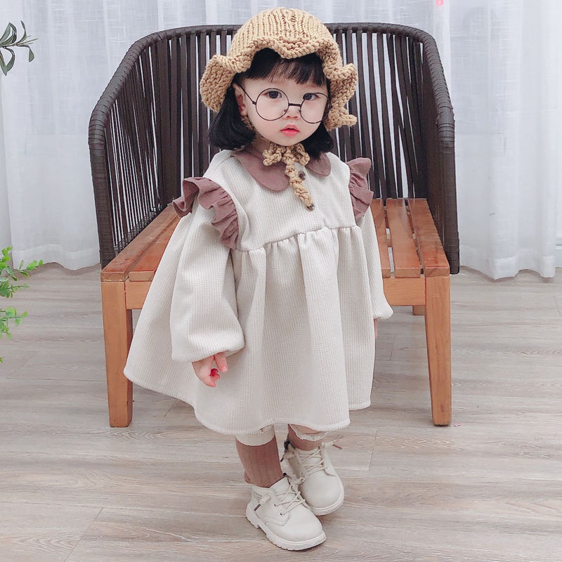 Đầm Tay Dài Cổ Búp Bê Phong Cách Hàn Quốc Thời Trang Xuân Thu 2022 Cho Bé Gái 0-4 Tuổi