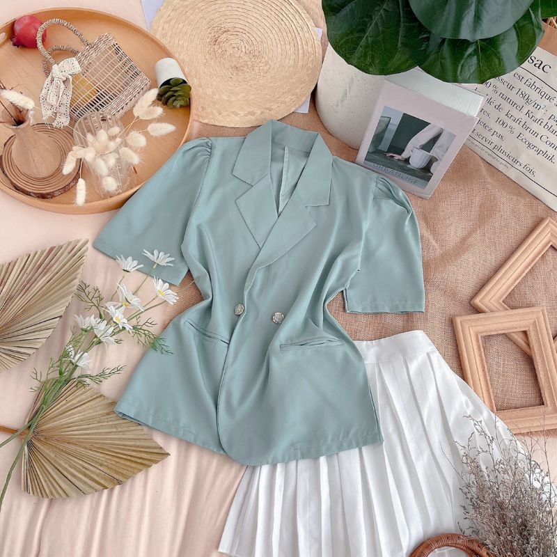 set vest tay ngắn + chân váy dập ly